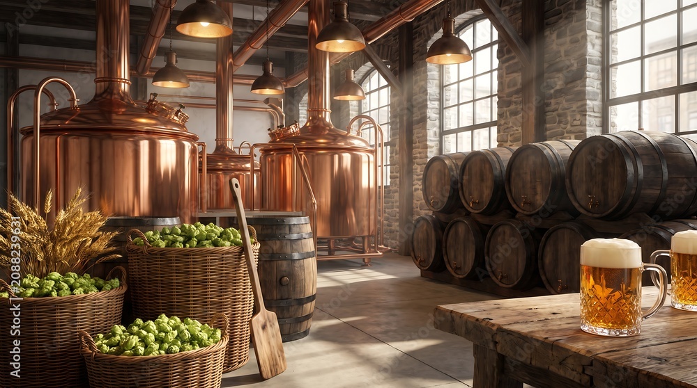Obraz premium Traditional craft brewery interior with copper brewing tanks and wooden barrels for beer production.