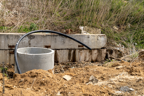 A construction site has a round concrete structure and a black pipe placed on dirt. Grass and plants grow around the area