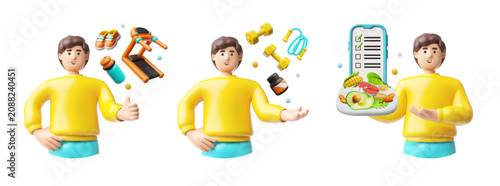 A set of 3D men in yellow sweatshirts displays sports equipment and healthy foods