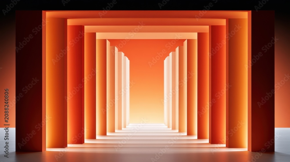 Obraz premium Sunlit orange architectural corridor with repeating arches and dramatic symmetrical perspective leading to a warm glow