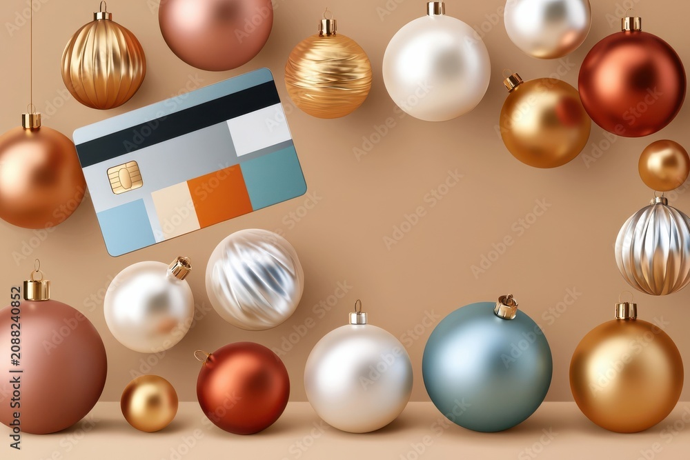Fototapeta premium Premium credit card floating among elegant Christmas ornaments for luxury holiday shopping and gifting