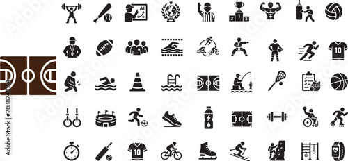 Sports and Fitness Icons Set: Athletics, Basketball Court, Soccer, Gym Training, Trophy, Swimming, Cycling, Marathon, Coaching Tactics, Referee, Winter Games, and Outdoor Activity Vectors
