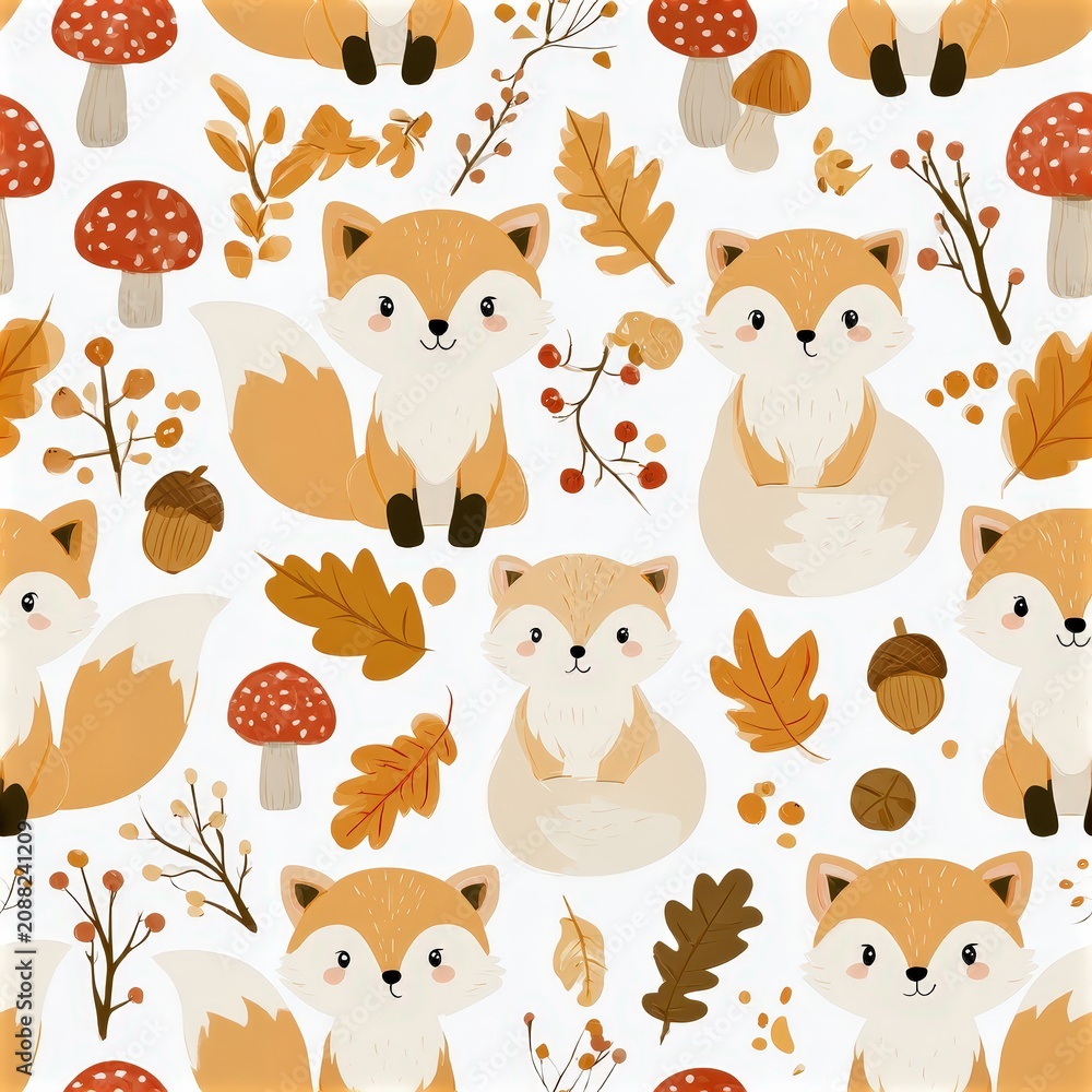 Fototapeta premium Cute fox seamless pattern with autumn leaves and berries, woodland nursery theme, playful forest decor, charming wildlife illustration.