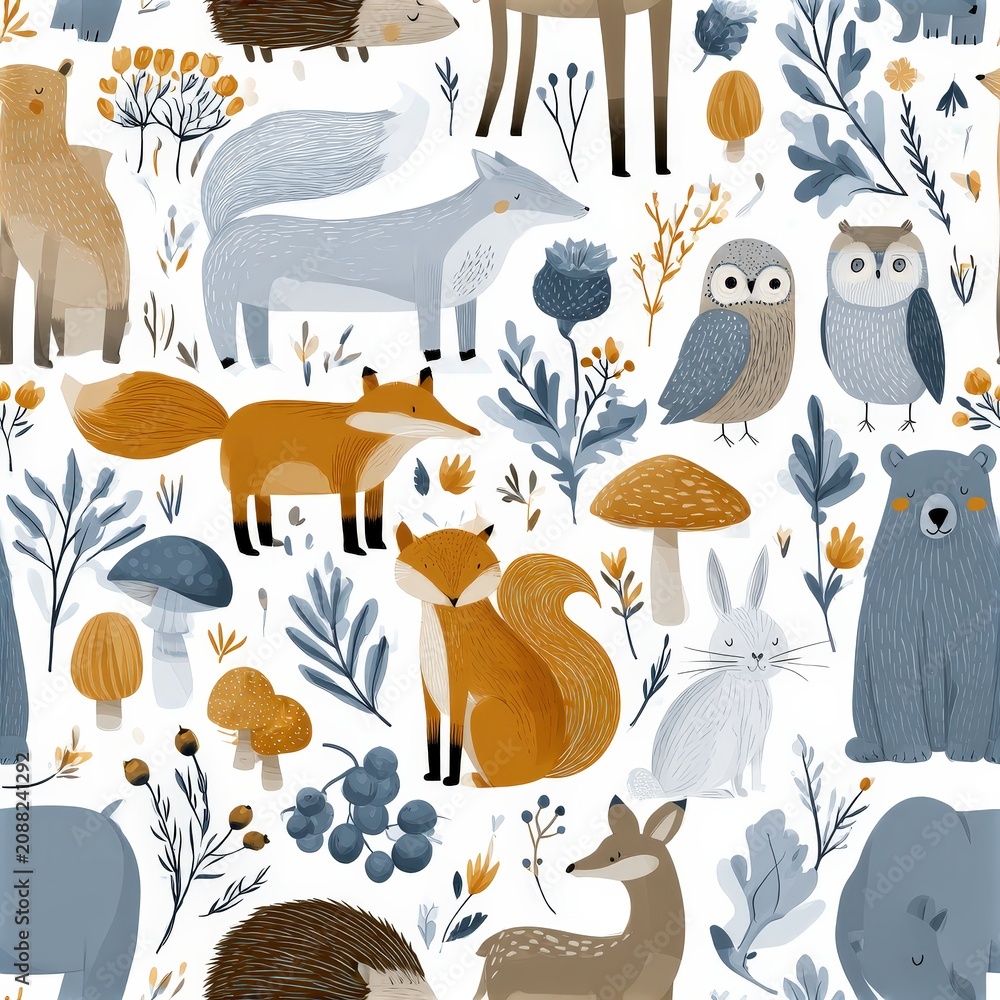 Fototapeta premium Woodland animals seamless pattern with fox squirrel bear and owl, forest nursery theme, playful nature decor, charming illustration.