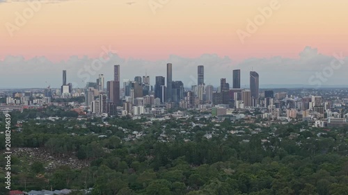 Brisbane CBD Skyline at Sunset Viewed Above Bushland Queensland Australia
