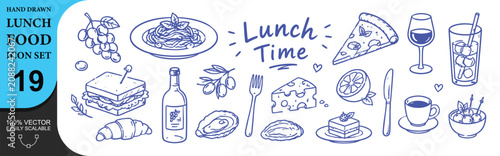 Quadro su tela Hand drawn lunch food icon set with essential dining elements and italian dishes