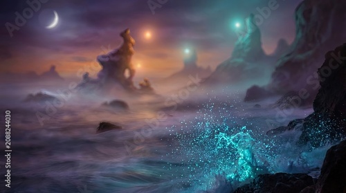 Sea wave crashing in surreal sky setting concept. A mystical seascape with colorful lights and misty waves.