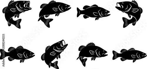 Black bass fish silhouette collection showing dynamic swimming poses, detailed fins, elements vector art