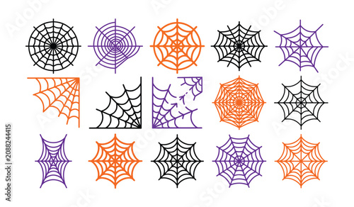 Tableau sur toile Halloween spiderwebs in black orange purple on a white background halloween spid