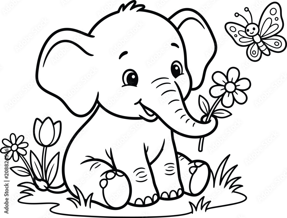 Obraz premium Cute baby elephant with flowers coloring page for kids and toddlers