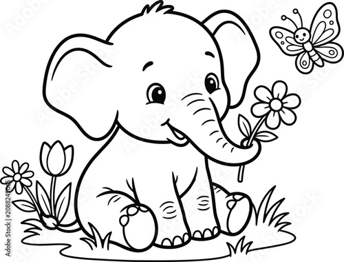 Photography Cute baby elephant with flowers coloring page for kids and toddlers