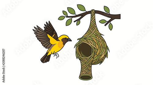 Flying baya weaver bird entering its woven hanging nest vector illustration