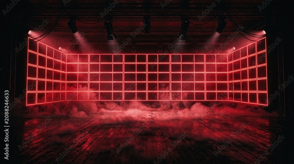 Naklejka premium Dramatic halloween stage lighting red led wall and fog effects for spooky events and performances