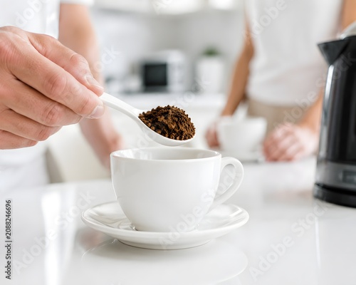 Spooning instant coffee powder into white cup with saucer