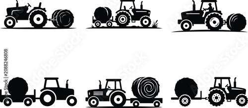Photos A tractor pulling a single hay bale bundle silhouette icon vector art illustrati