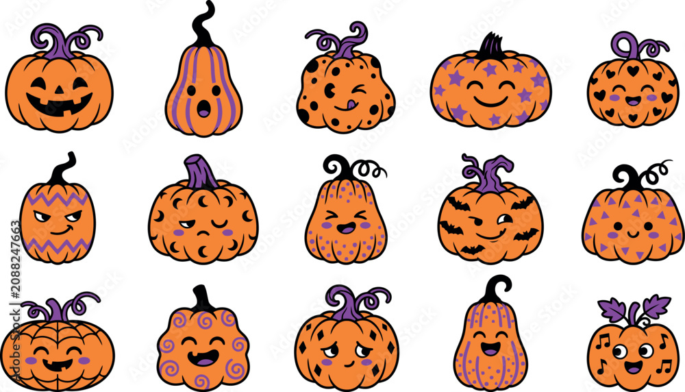 Obraz premium Halloween colorful pumpkin bundle set collection on transparent background kawaii jack o' lantern graphics