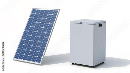 Solar Panel and Power Storage Unit Render on Clean White Background, Demonstrate Renewable Energy Solutions and Modern Technology for Sustainability