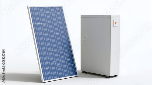 Solar Energy System: Photovoltaic Panel and Power Storage Unit for Sustainable Living and Renewable Electricity Generation on White Background