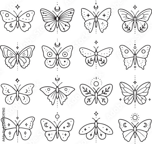 Butterfly line icon collection. Elegant minimal outline butterflies decorated with celestial symbols, botanical elements and ornamental details for logos, tattoos, stickers and feminine branding.