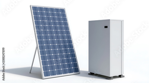 Solar Panel with Stand and Energy Storage System on White Background, Illustrating Modern Renewable Power Solutions for Sustainable Living