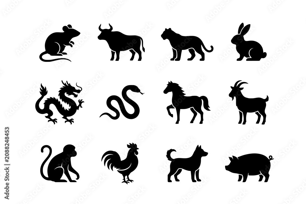 Fototapeta premium Chinese zodiac animal silhouettes set on white background