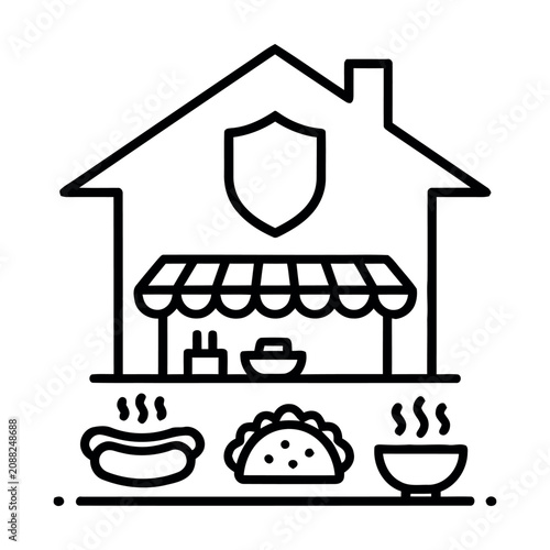 Home food delivery service icon with house shield and hot food items