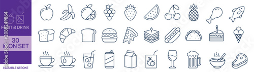 Editable fruit and drink icons set for design and branding