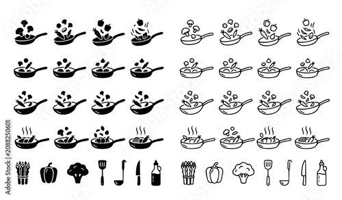 Bild auf Leinwand Healthy cooking pan vegetable vector icon collection