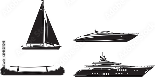Quadro su tela Black and white of sailboat, airplane, and cruise ship mast