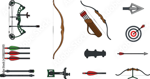 Tableau sur toile Archery Icon Vector Illustration Featuring Compound Bow, Recurve Bow, Quiver Arr