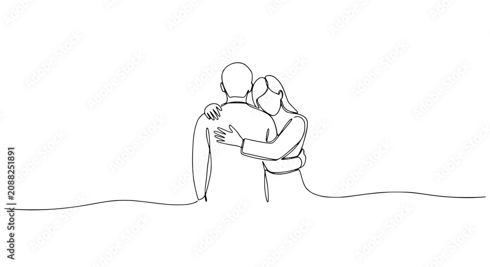 Obraz premium Embracing Couple, Minimalist Continuous Line Art, Romantic Hug, Love Symbol, White Background