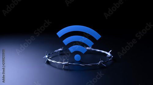 A bright blue wireless symbol encircled by sharp barbed wire, illustrating restricted access or security concerns in a digital environment on a dark background