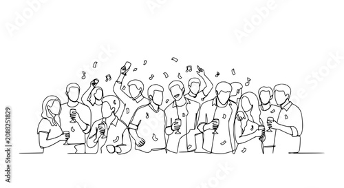 Joyful Crowd Celebrating with Drinks and Confetti, Minimalist Line Art Style