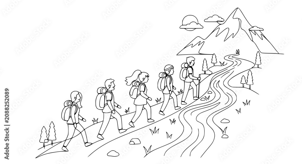 Obraz premium Group Hiking Adventure Up Mountain Trail Beside River, Line Art