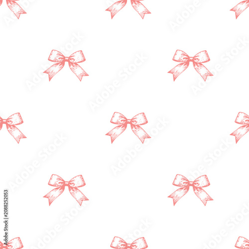 Minimalist Ribbon Bow Seamless Pattern. Cute hand drawn pink bows background on white backdrop.