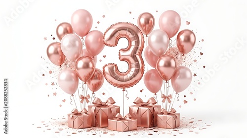Third birthday celebration with rose gold balloons and gift boxes