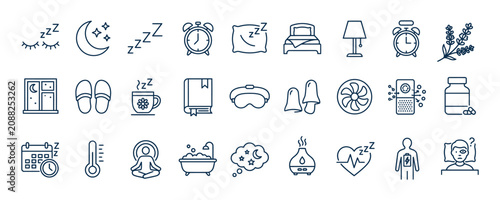 Sleep wellness icon set relaxation insomnia nighttime routine and healthcare concepts