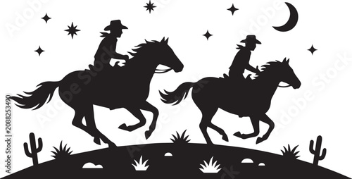 Fotografía Black silhouette of two horses galloping under starry night sky stars