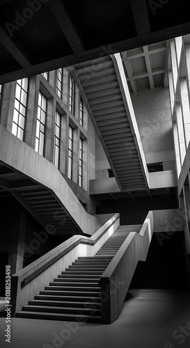 Dramatic Concrete Staircase Rising Through Modern Brutalist Interior