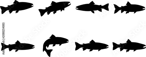 Black salmon and trout fish silhouette collection showing varied swimming poses, curved body movements, aquatic design elements