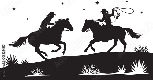 Obraz na płótnie Two black wolves running on a hillside under a starry night sky wolf