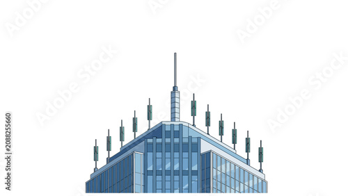 Modern Skyscraper with 5G Telecommunication Antennas on Top Isolated on White