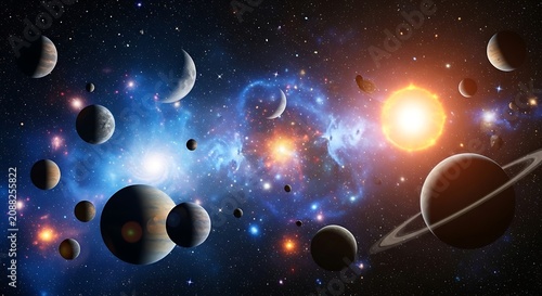 Colorful Solar System Planets Floating in Bright Cosmic Nebula Space Scene