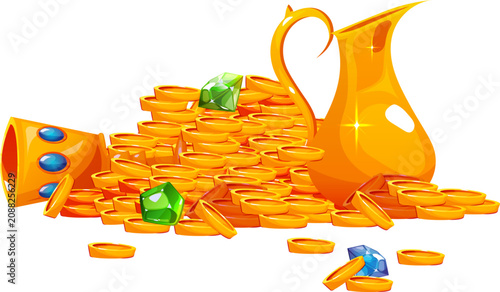Konstfotografi A cartoon pile of shiny golden coins with a matching jug, jeweled goblet, and scattered green gems isolated on a white background