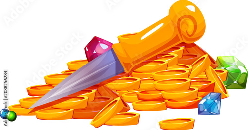 Konstfotografi An illustrated heap of golden coins featuring an ornate golden dagger and sparkling multicolored precious gems isolated on a white background