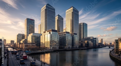 Modern Glass Skyscrapers Reflecting Sunset Light Along Urban Waterfront