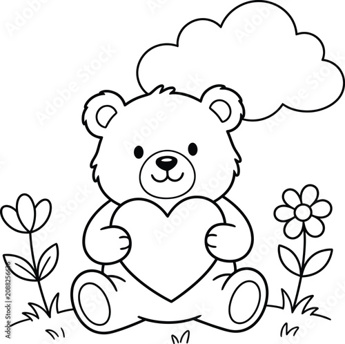 Cute teddy bear with heart coloring page for kids and toddlers