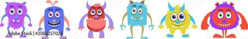 Photography A diverse lineup of six colorful, friendly cartoon monster characters with big eyes for childish halloween vector designs