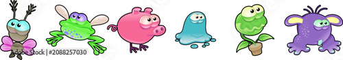 Фотография A lineup of six colorful, whimsical cartoon creature illustrations ideal for children's designs, stickers, and pattern backgrounds