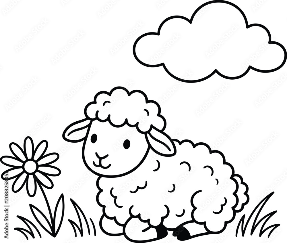 Obraz premium Lamb with flower coloring page cute animal illustration for kids and toddlers